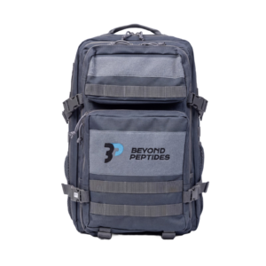 Beyond Peptides Gym Backpack seen from the front, with the embroidered logo on the grey front pocket