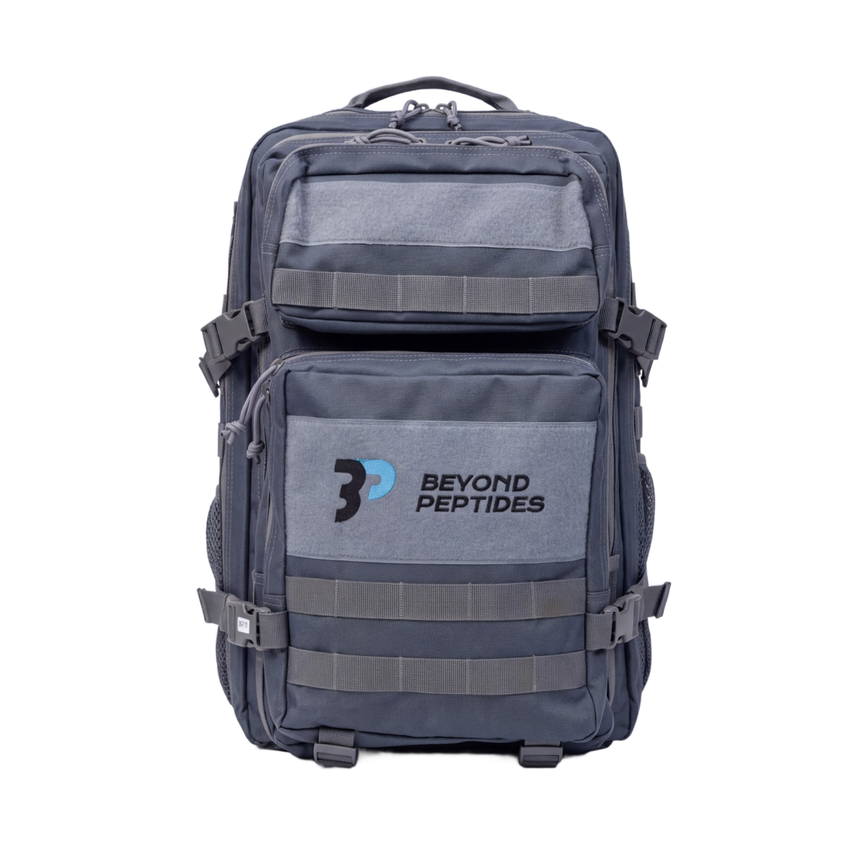 Beyond Peptides Gym Backpack seen from the front, with the embroidered logo on the grey front pocket