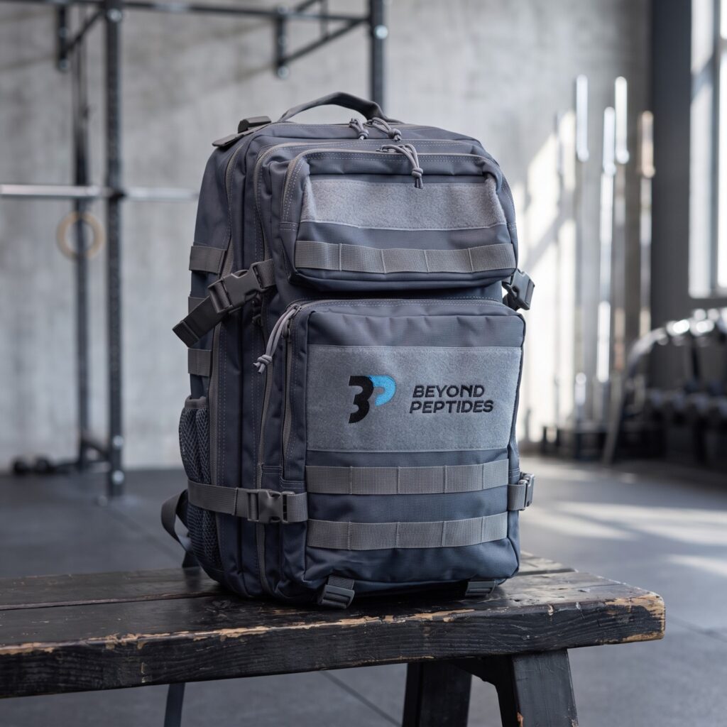 The Beyond Peptides Gym Backpack standing on a wooden bench in a daylit gym