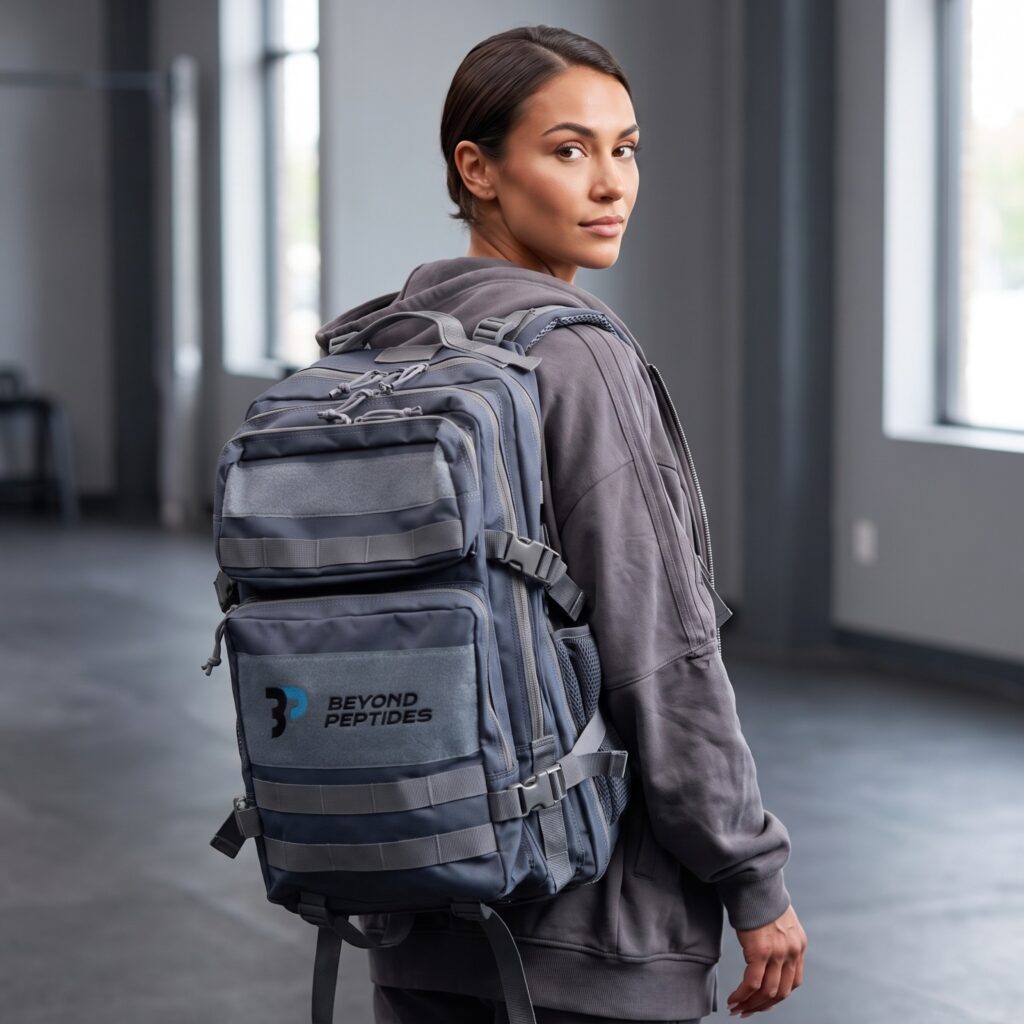 A woman carrying the Beyond Peptides Gym Backpack over one shoulder
