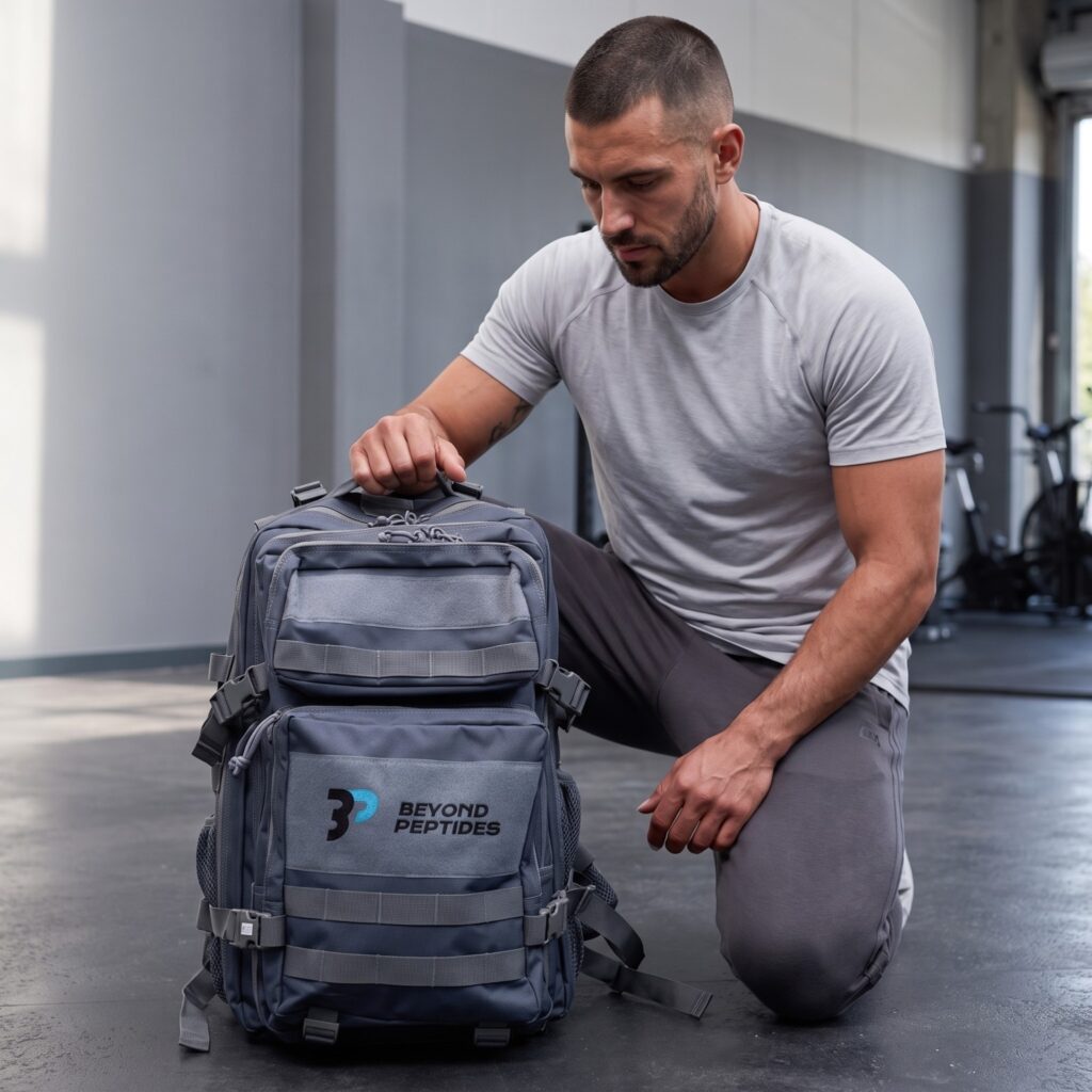 A man kneeling on a gym floor, holding the carry handle of the Beyond Peptides Gym Backpack