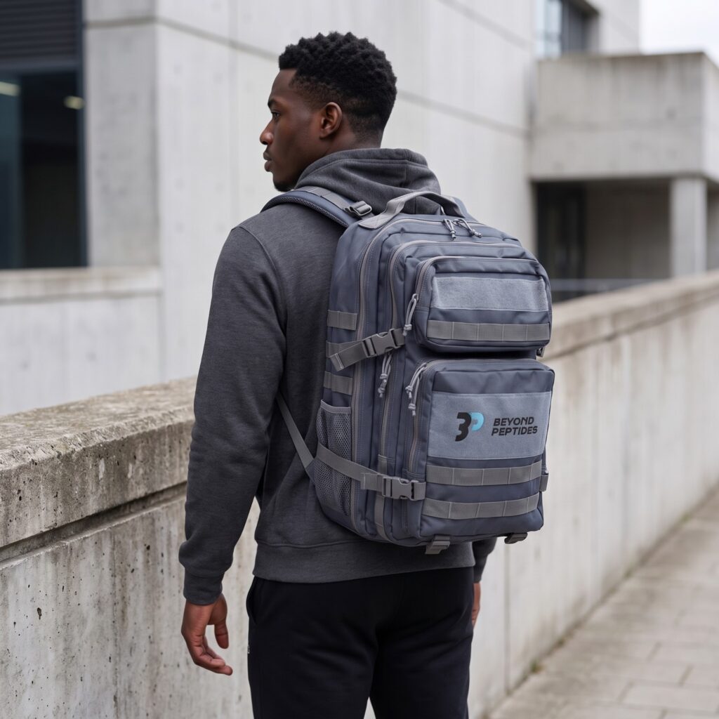 A man walking away from the camera wearing the Beyond Peptides Gym Backpack, concrete wall behind him