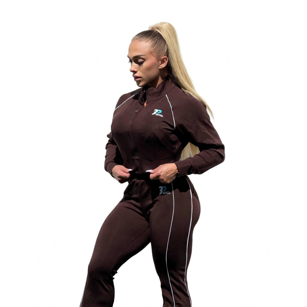 Beyond Peptides women's tracksuit, waist detail with the jacket hem and the joggers waistband