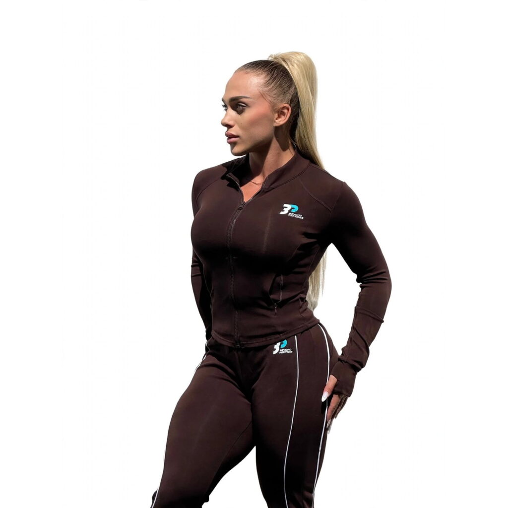 Beyond Peptides women's tracksuit in dark brown, front view of the zip jacket and joggers