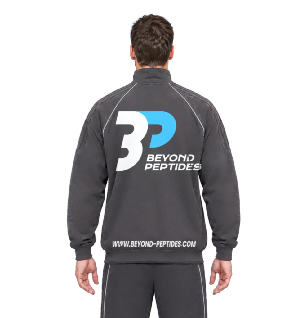 Back of the Grey Unisex Zipper with the large Beyond Peptides logo and the website address