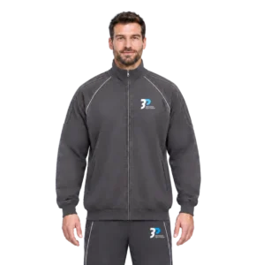 Model wearing the Grey Unisex Zipper with the matching jogger, front view