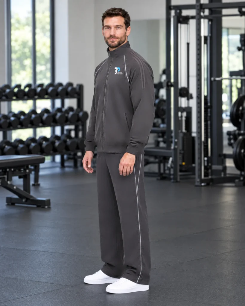 Model in the Grey Unisex Zipper and Grey Unisex Jogger in a gym