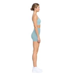 Side view of the arctic blue Sports Bra with its thin strap and ribbed band