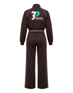Beyond Peptides Women's Tracksuit Set in dark brown, relaxed fit with wide-leg trousers, back view, shown without a model. AI-generated image, actual product may differ.