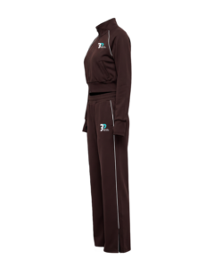 Beyond Peptides Women's Tracksuit Set in dark brown, relaxed fit with wide-leg trousers, side view, shown without a model. AI-generated image, actual product may differ.
