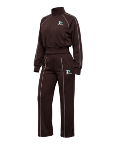 Beyond Peptides Women's Tracksuit Set in dark brown, relaxed fit with wide-leg trousers, three-quarter view, shown without a model. AI-generated image, actual product may differ.