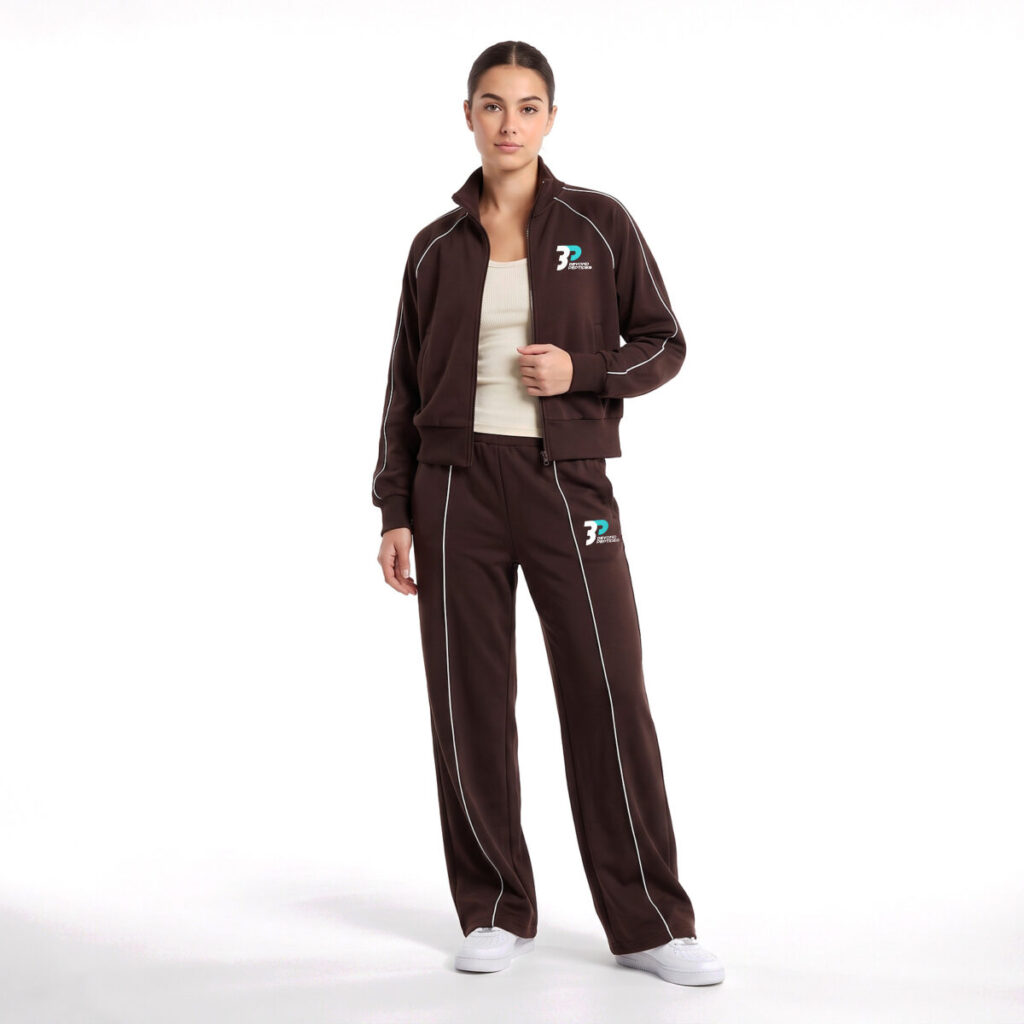Model wearing the Beyond Peptides Women's Tracksuit Set in dark brown, relaxed fit with wide-leg trousers, zip jacket worn open. AI-generated image, actual product may differ.