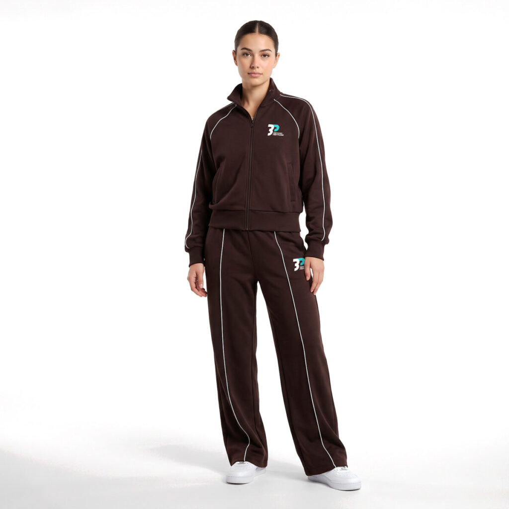 Model wearing the Beyond Peptides Women's Tracksuit Set in dark brown, relaxed fit with wide-leg trousers, three-quarter view. AI-generated image, actual product may differ.