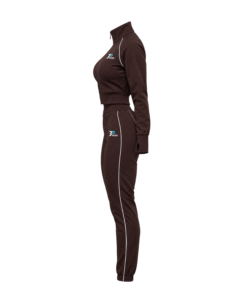 Beyond Peptides Women's Tracksuit Set in dark brown, side view, shown without a model. AI-generated image, actual product may differ.