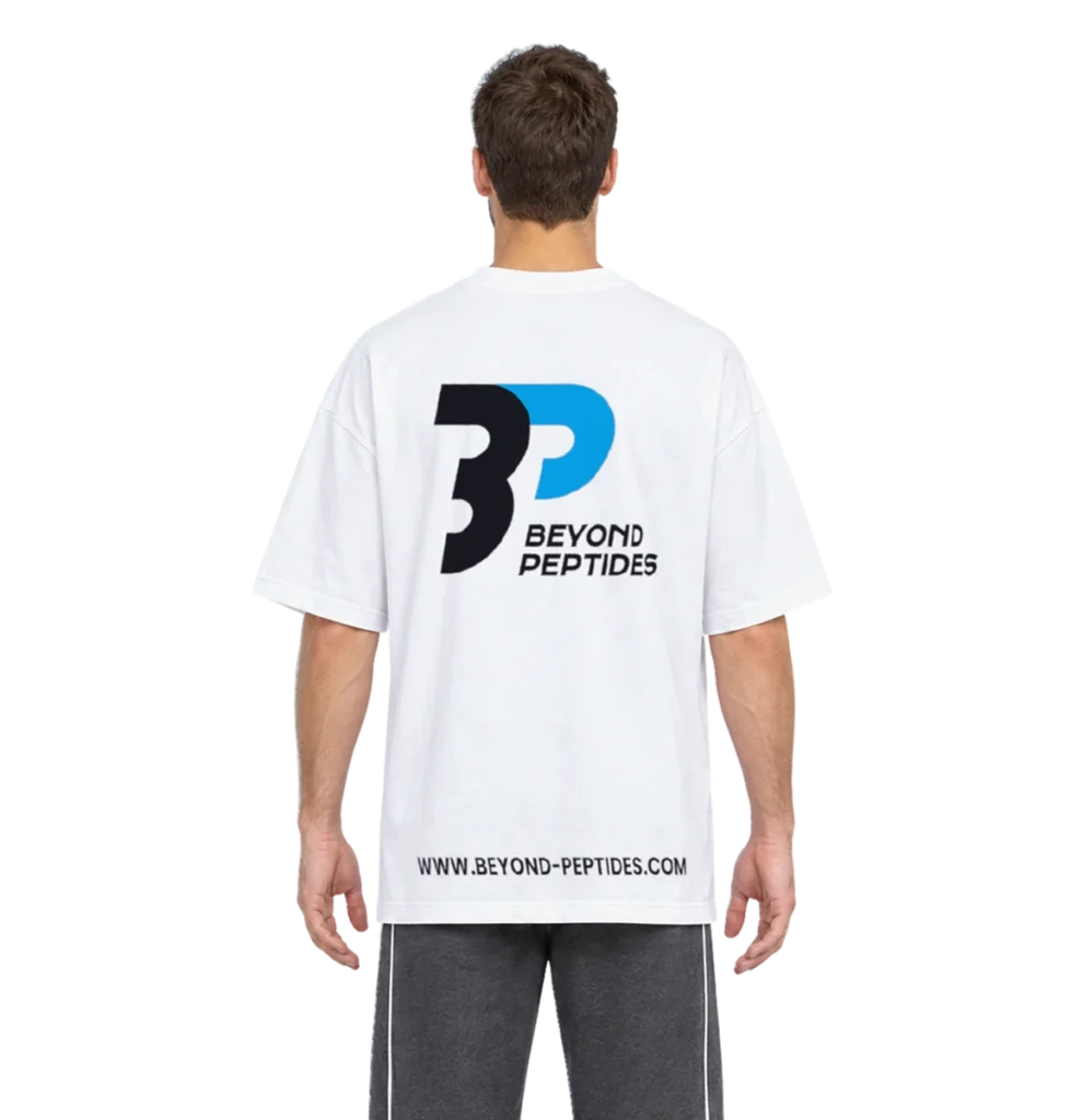 Model wearing the White Oversized Tee with the Grey Unisex Jogger, back view