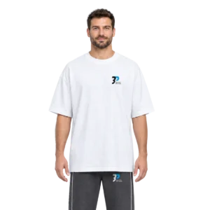 Model wearing the White Oversized Tee with the Grey Unisex Jogger, front view