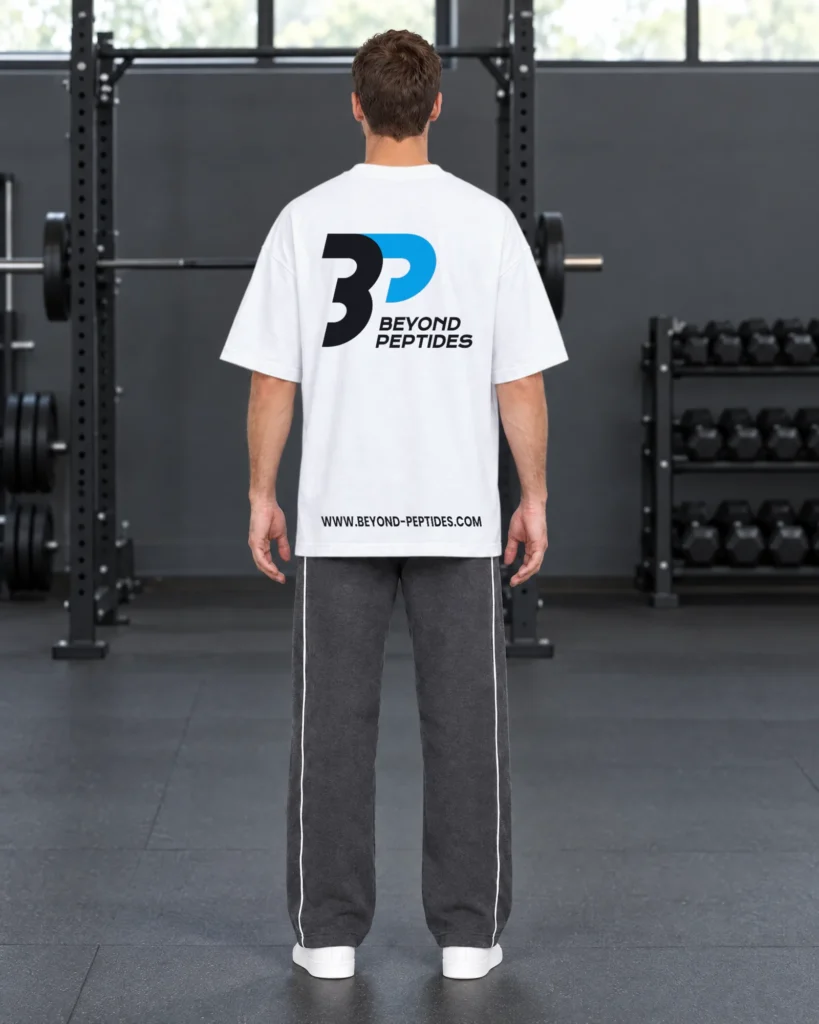 Back view of the White Oversized Tee with the large Beyond Peptides print, in a gym