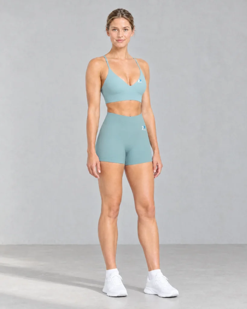 Model in the arctic blue Women's Shorts and Sports Bra standing in a light concrete studio