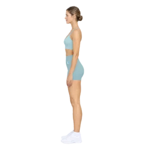 Side view of the arctic blue Women's Shorts with the logo on the left hip