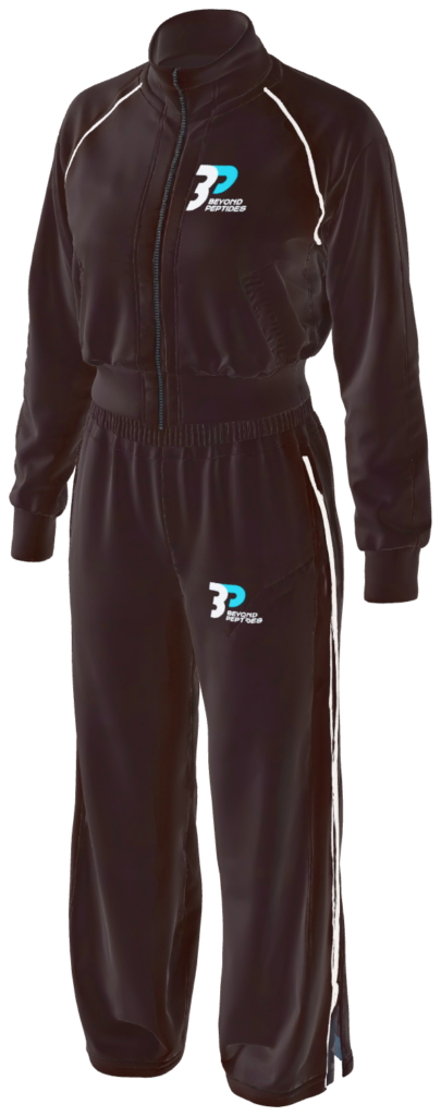 Beyond Peptides women's tracksuit in the relaxed cut, dark brown with white piping, three-quarter view